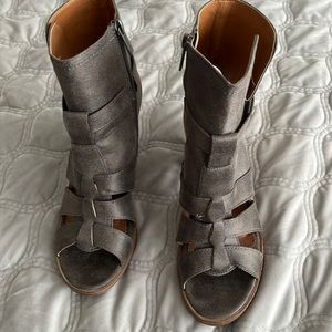 Gray heels open toe booties